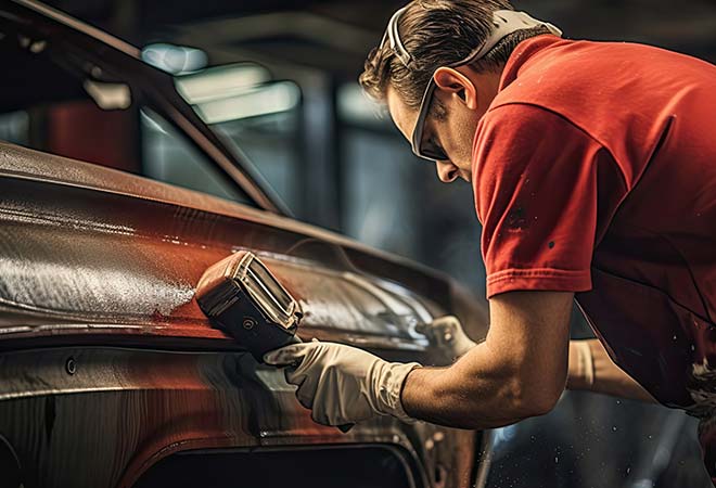 Man removing rust from a car.